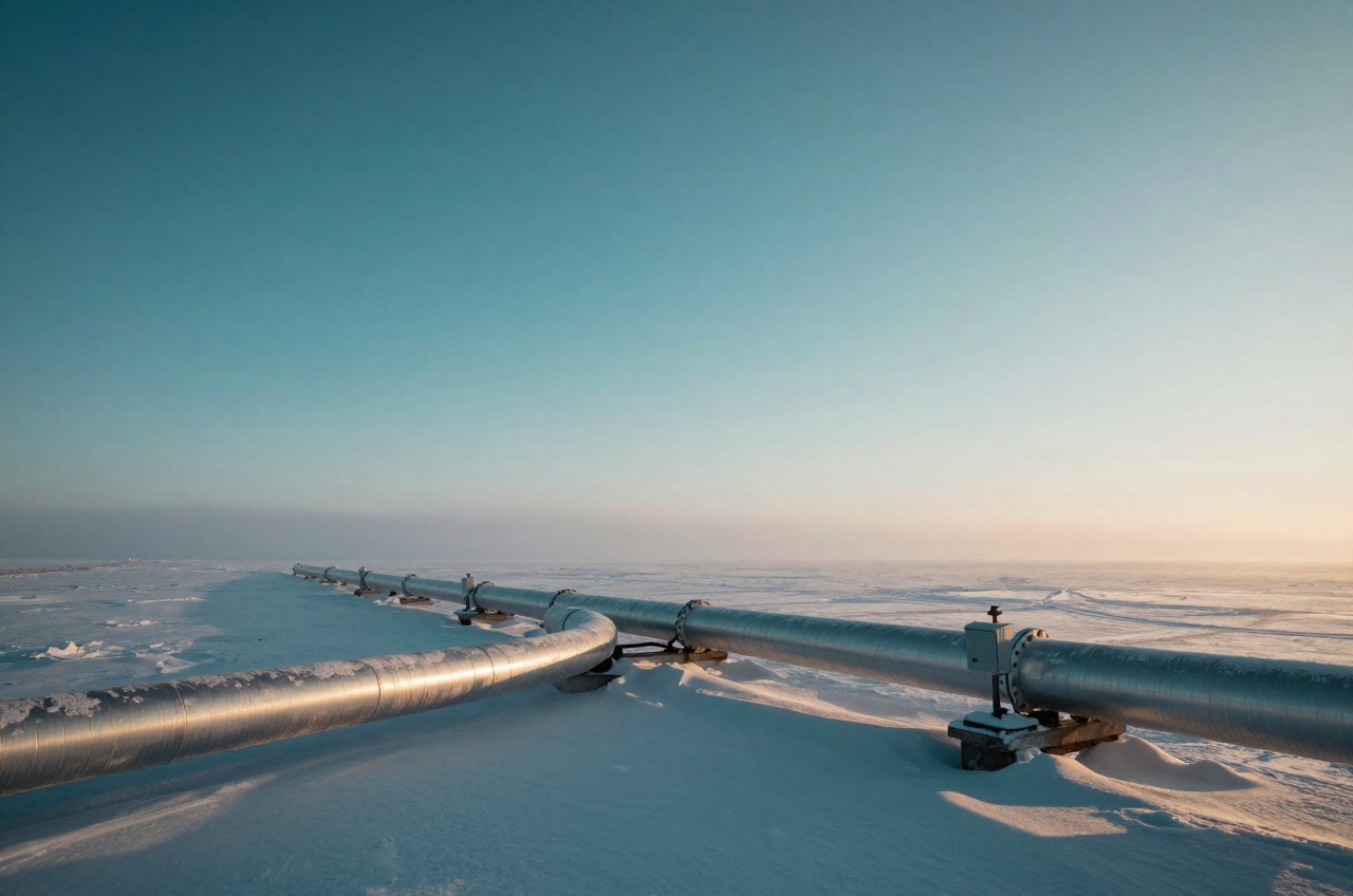 Insulated oil pipeline crossing frozen Siberian tundra