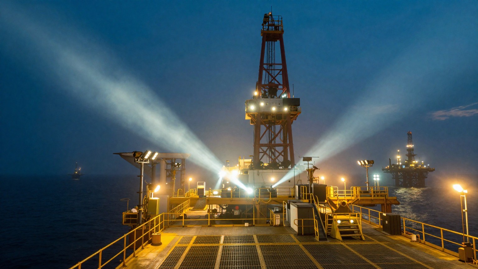 Explosion-proof LED floodlights on an offshore platform deck